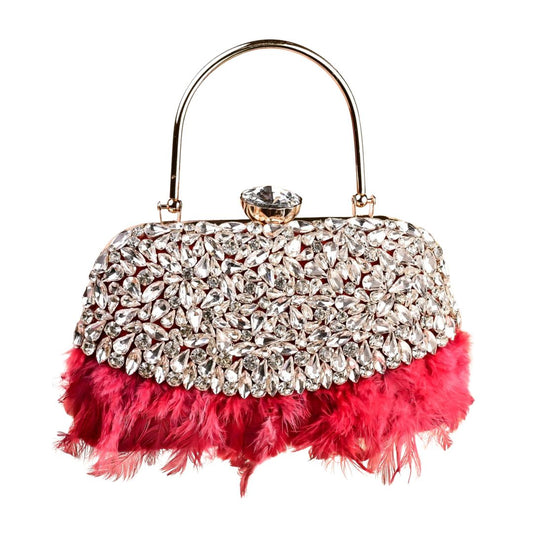 Feather Red Crystal Embellished Woman Clutch Bag