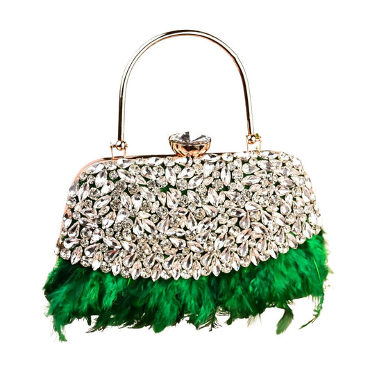 Feather Green Crystal Embellished Party Clutch Bag