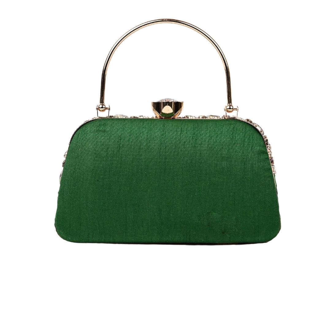 Feather Green Crystal Embellished Party Clutch Bag