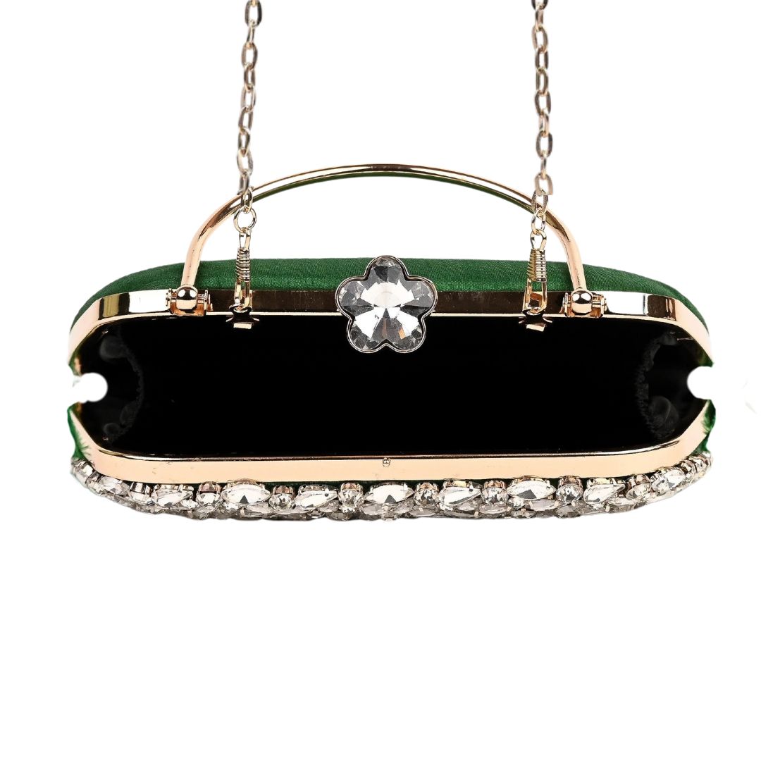 Feather Green Crystal Embellished Party Clutch Bag