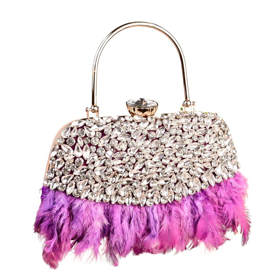 Feather Purple Crystal Embellished Party Clutch Bag