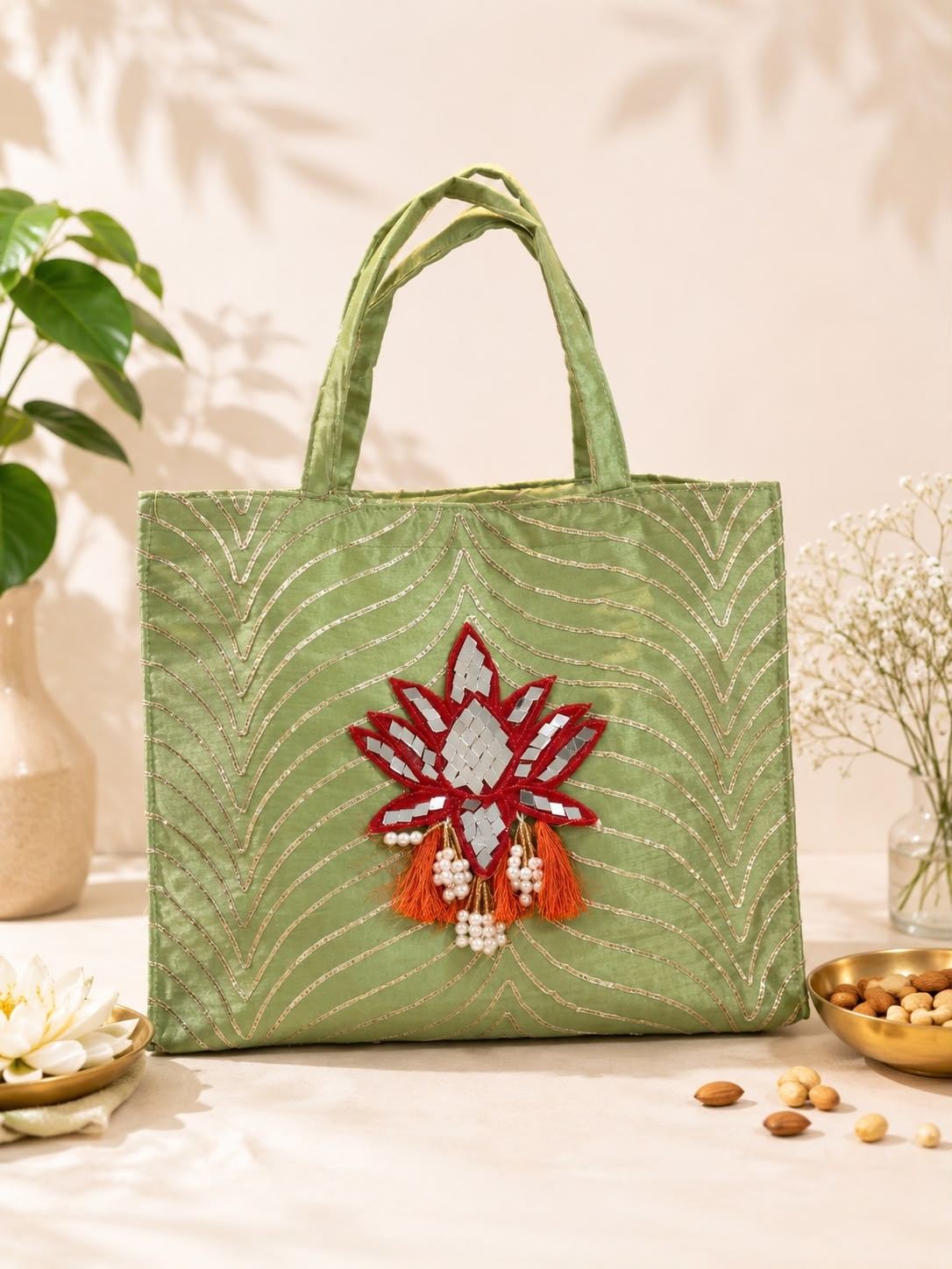 Gota Zip Hamper Bag with mirror Lotus (Pack of 5 )