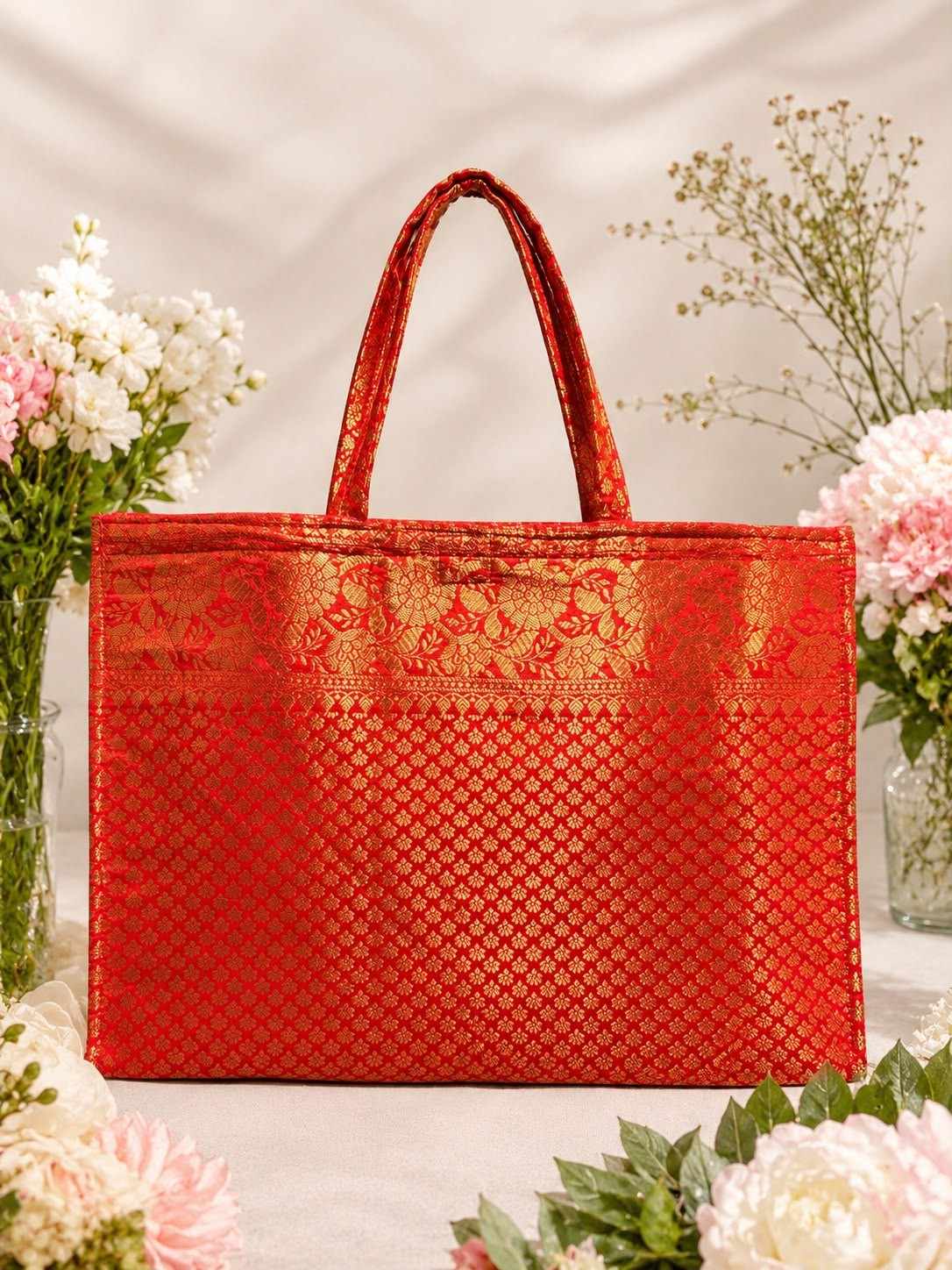 Banarsi Brocade Zip Hamper Bag with mirror Lotus (Pack of 5 )