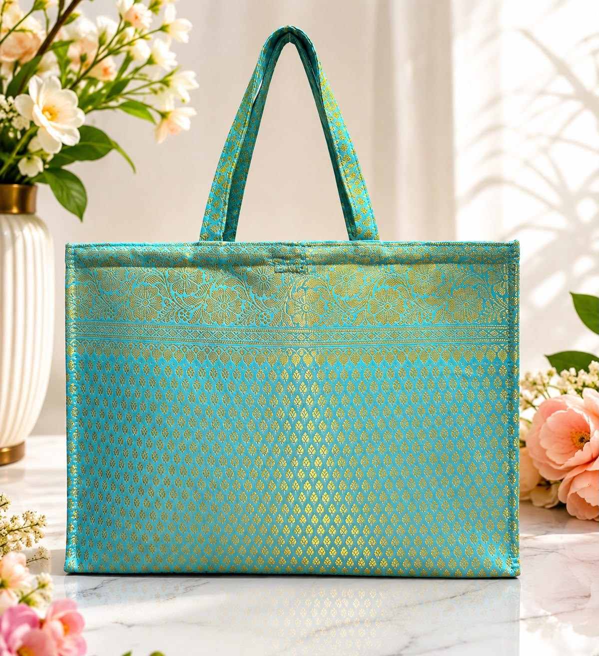 Banarsi Brocade Zip Hamper Bag with mirror Lotus (Pack of 5 )