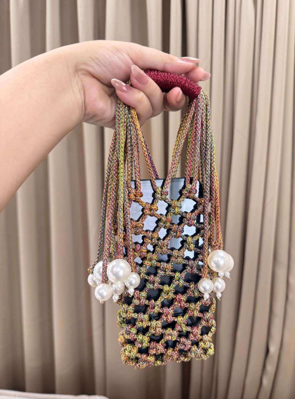 Knotted Pearl Macrame Party Mobile Carry Bag