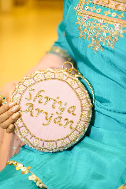Customised Pink Name Embroidery Round Bridal Clutch Bag