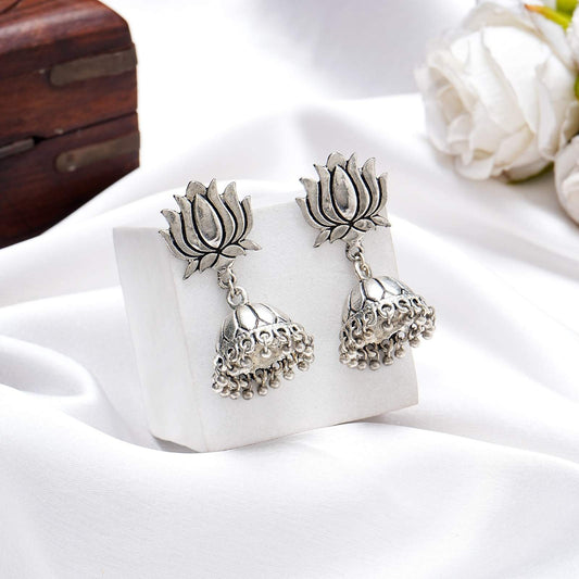 Oxidised Silver Lotus Jhumka Earrings for Women
