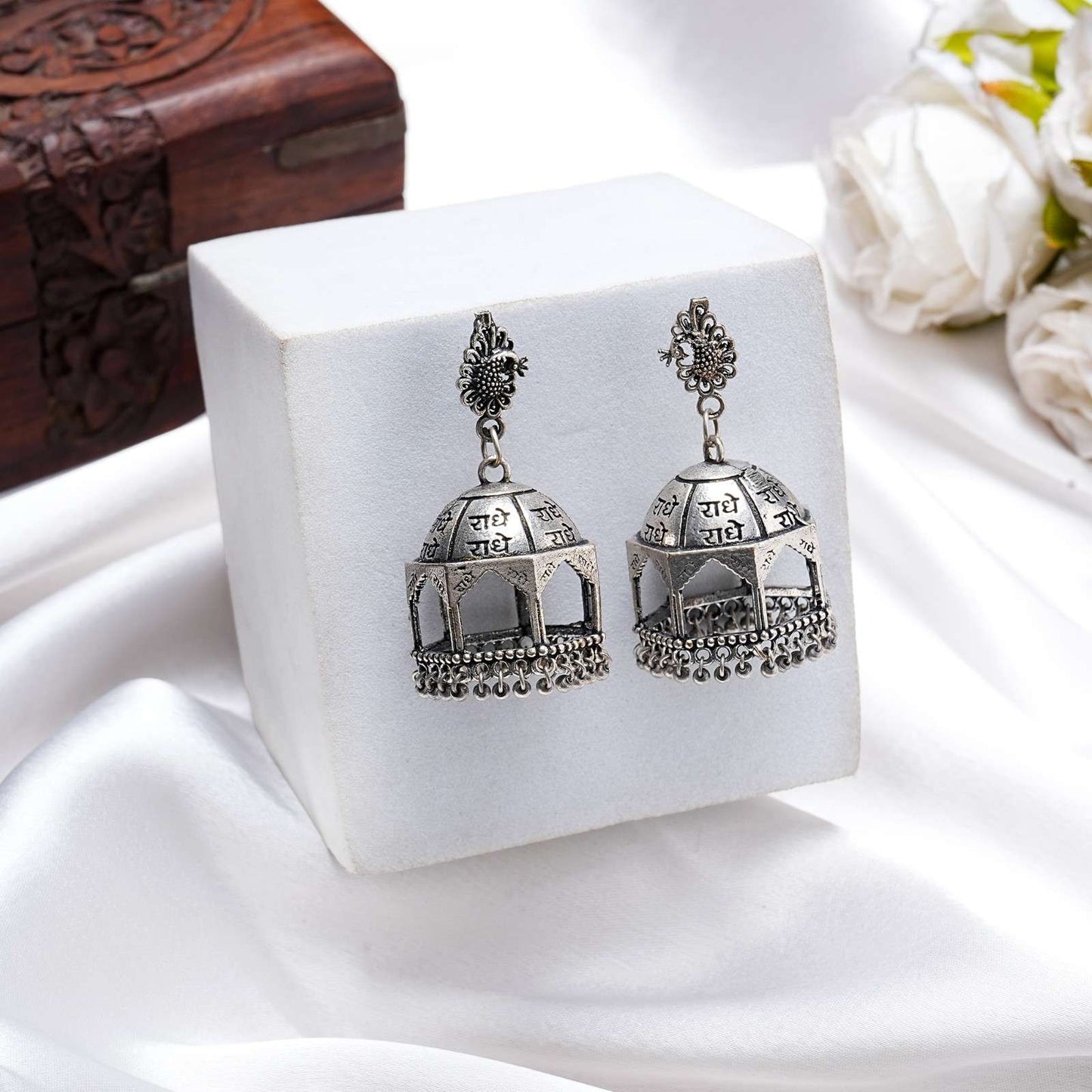 Oxidised Silver Radhe Radhe Jhumka Earrings for Women