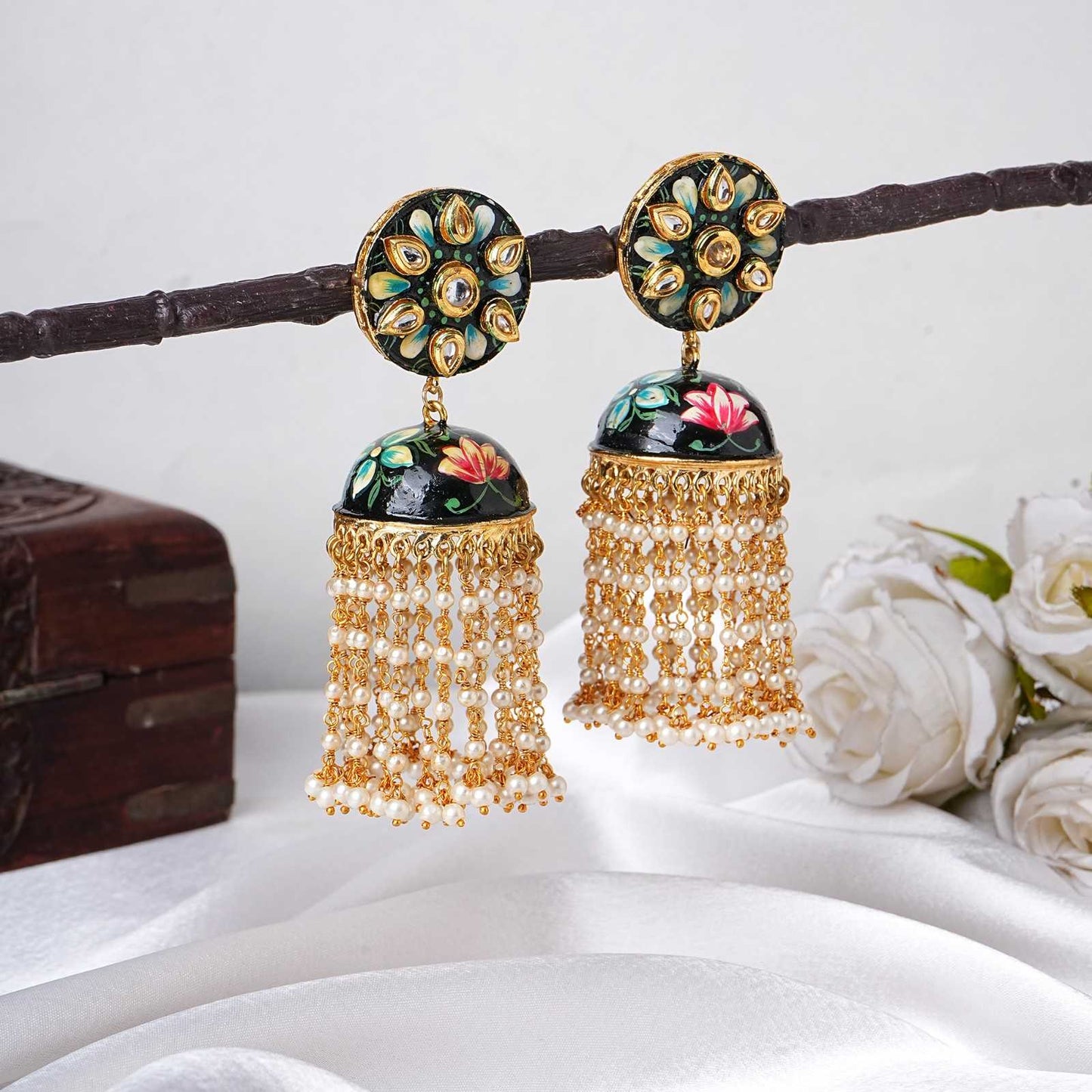 Handpainted Meenakari Pearl Tassel Jhumka Earrings for Women |