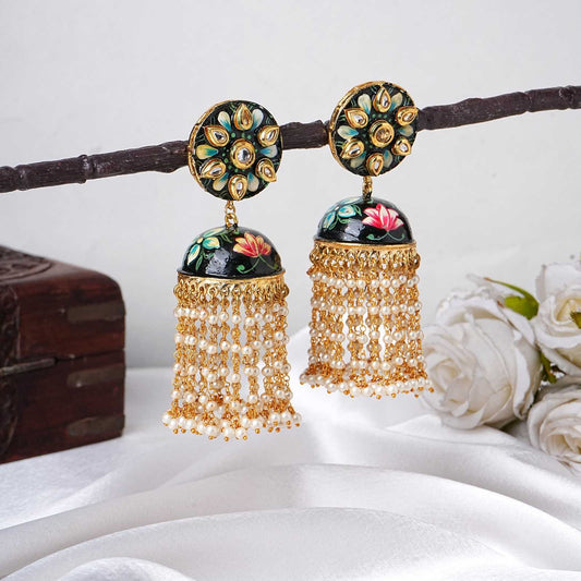 Handpainted Meenakari Pearl Tassel Jhumka Earrings for Women |