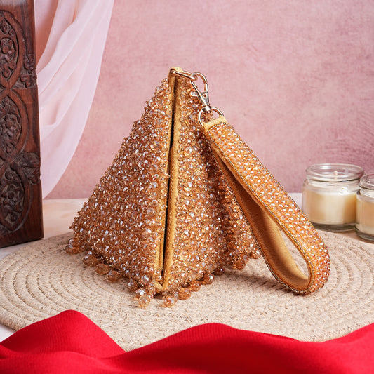 Golden Crystal Embellished Clutch Bag for Weddings & Festive Wear