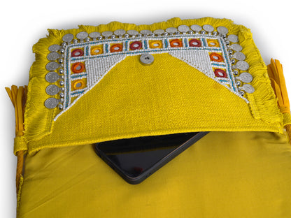 Yellow Coin Mirror Banjara Bag – Boho Clutch, Beaded Bohemian Purse with Tassels & Embroidery