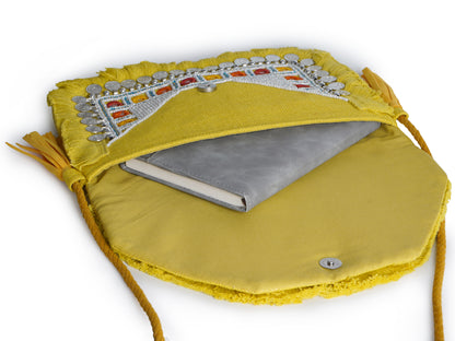 Yellow Coin Mirror Banjara Bag – Boho Clutch, Beaded Bohemian Purse with Tassels & Embroidery