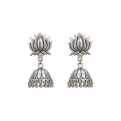 Oxidised Silver Lotus Jhumka Earrings for Women