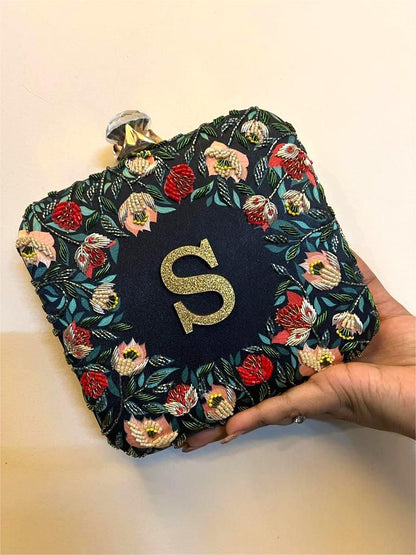 Customised Floral Embroidered Monogram Clutch Bag – Personalised Initial | Rakhi Gift for Sister