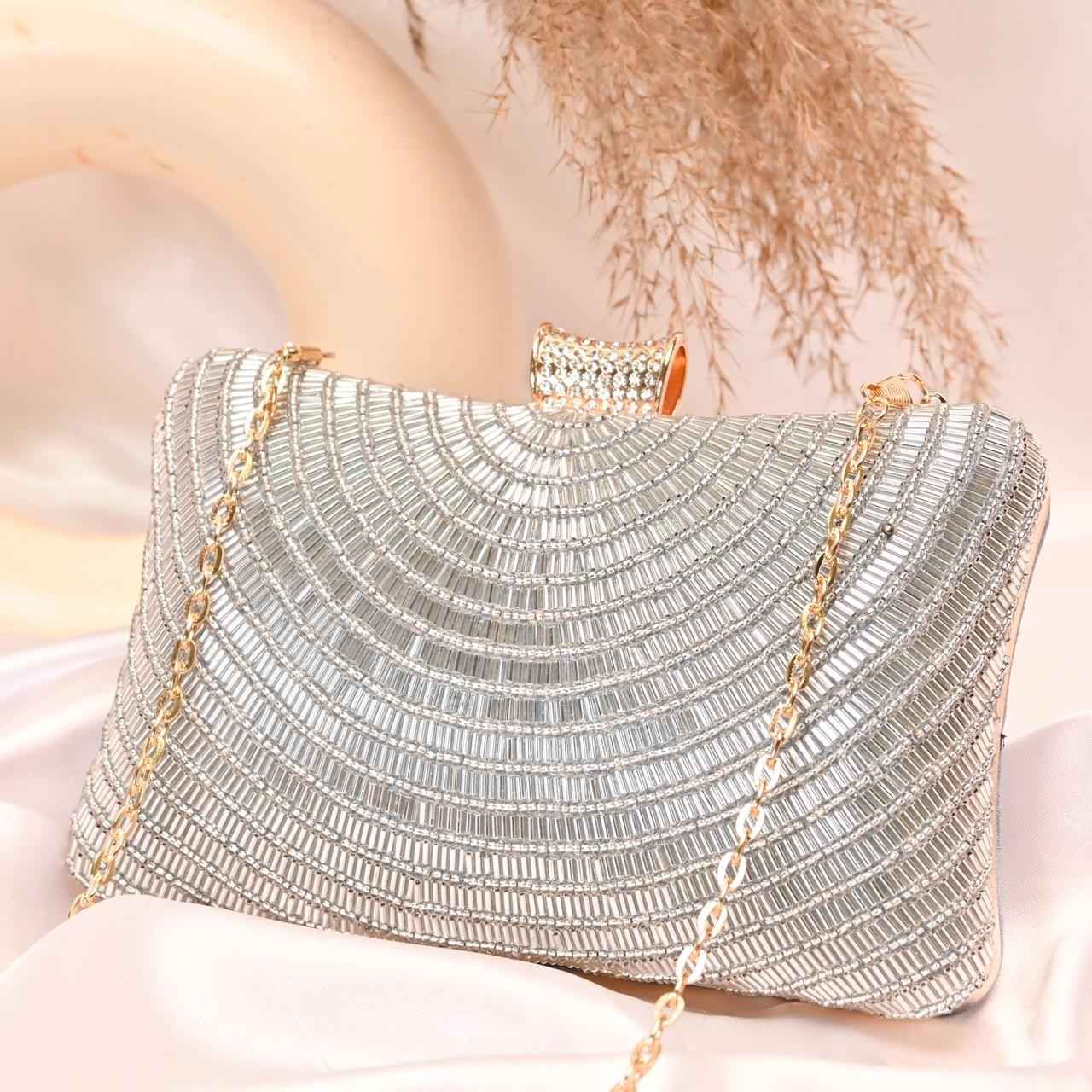 Silver Bead Embroidery Party Clutch Bag for Women