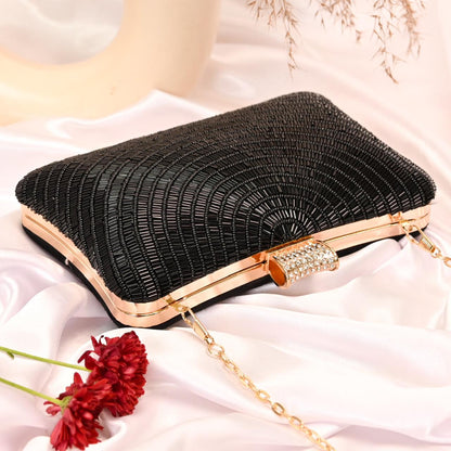 Black Bead Embroidery Party Clutch Bag for Women