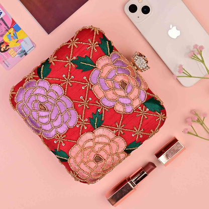 Designer Red Floral Embroidered Box Clutch Bag