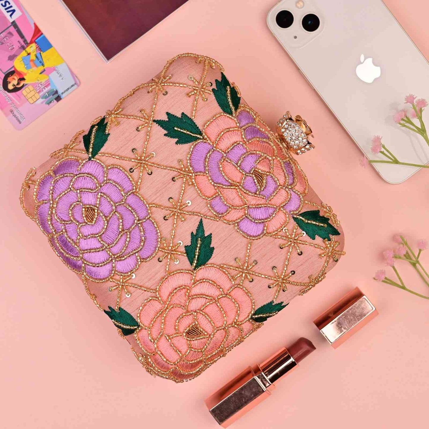 Designer Peach Floral Embroidered Box Clutch Bag