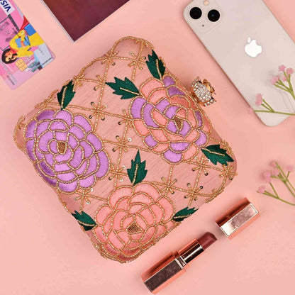 Designer Peach Floral Embroidered Box Clutch Bag