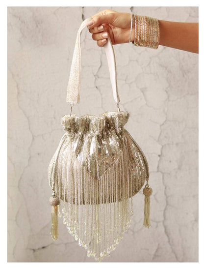 Silver Bead Tassel Potli Bag for Evening Party