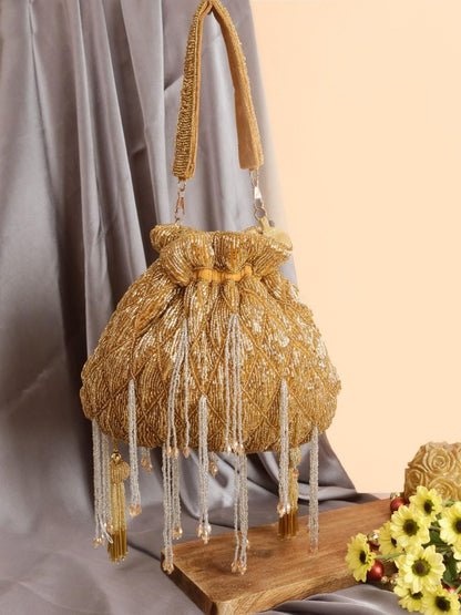 Golden Embroidery Women Party Potli Bag