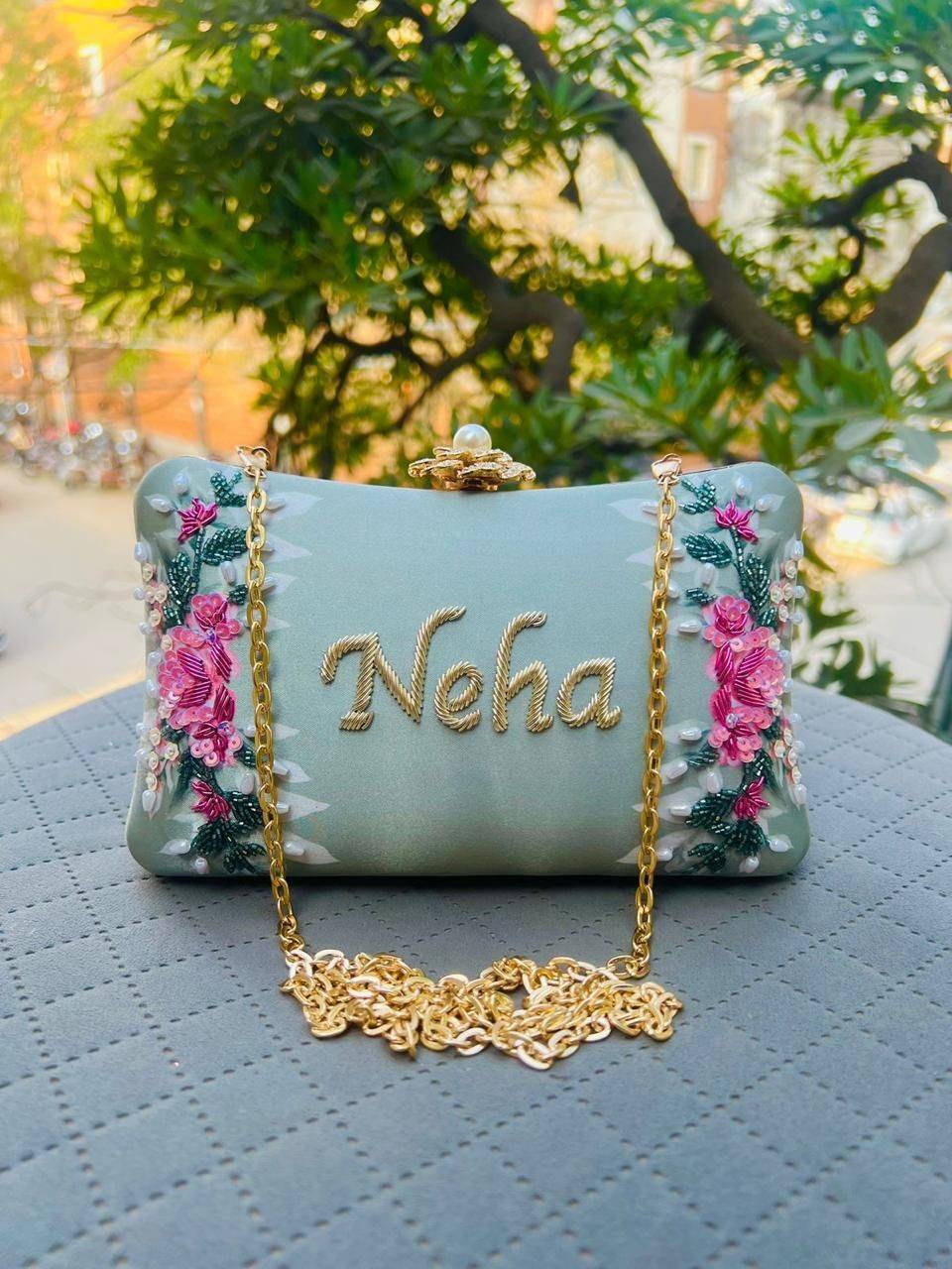 Customised Embroidered Name Clutch Bag – Personalized Floral Purse with Chain