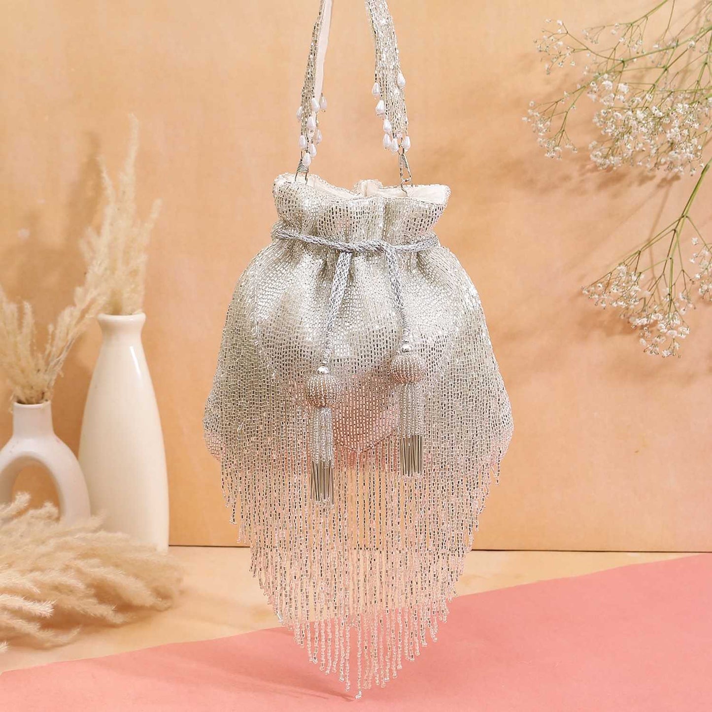 Silver Bead Tassel Potli Bag for Evening Party