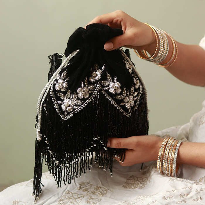 Black Silver Embroidery Evening Party Potli Bag for Women