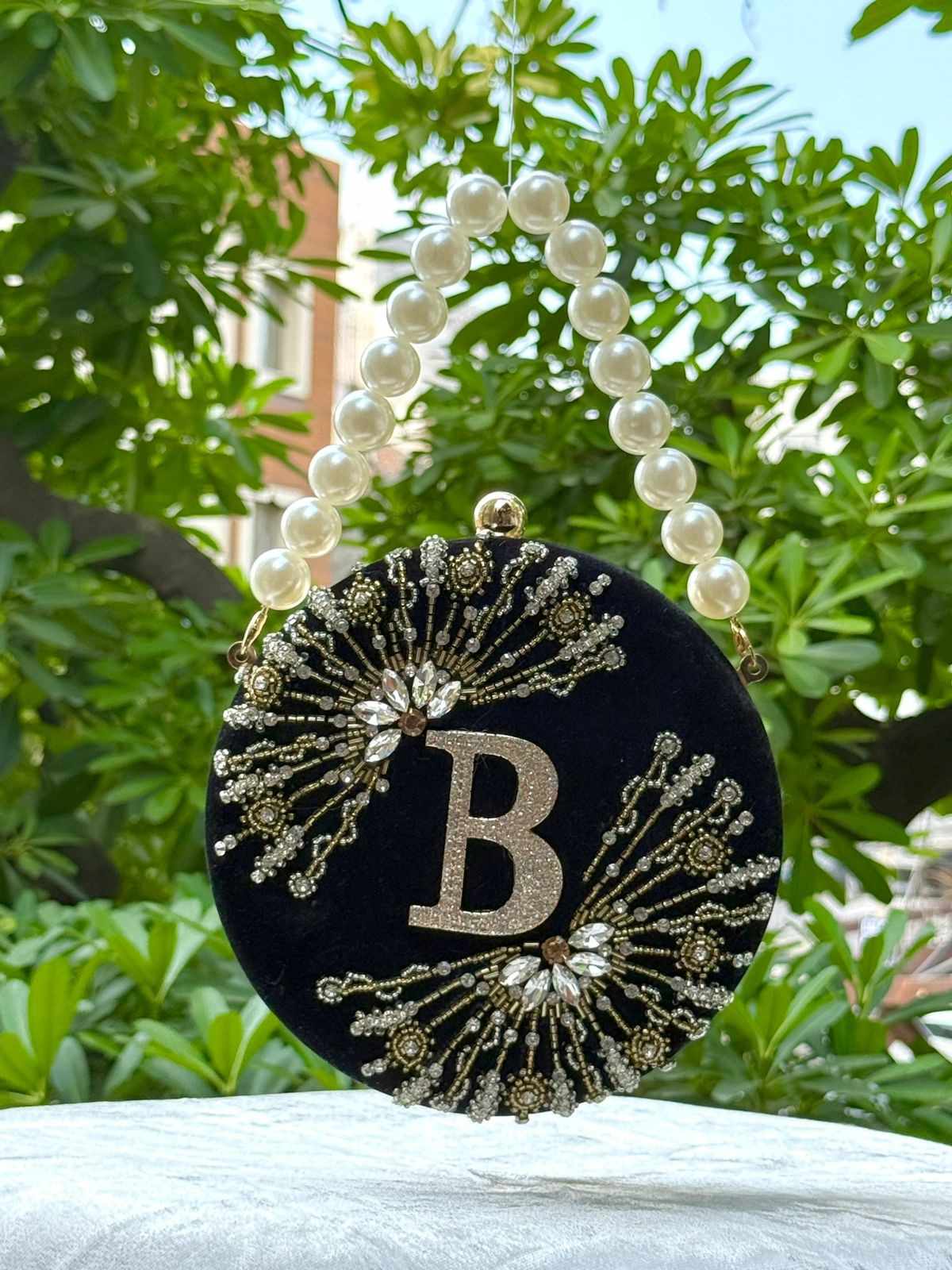 Customize Velvet Clutch Bag with Pearl Handle & Rhinestone Initial