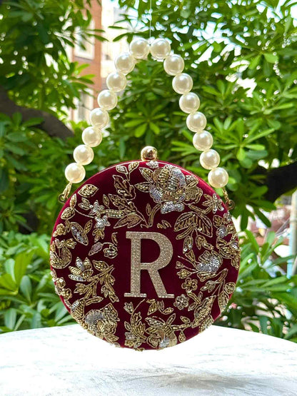 Customize Velvet Clutch Bag with Pearl Handle & Rhinestone Initial