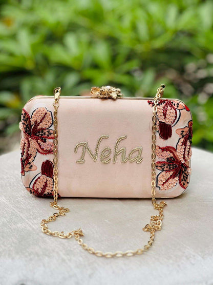 Customised Embroidered Name Clutch Bag – Personalized Floral Purse with Chain
