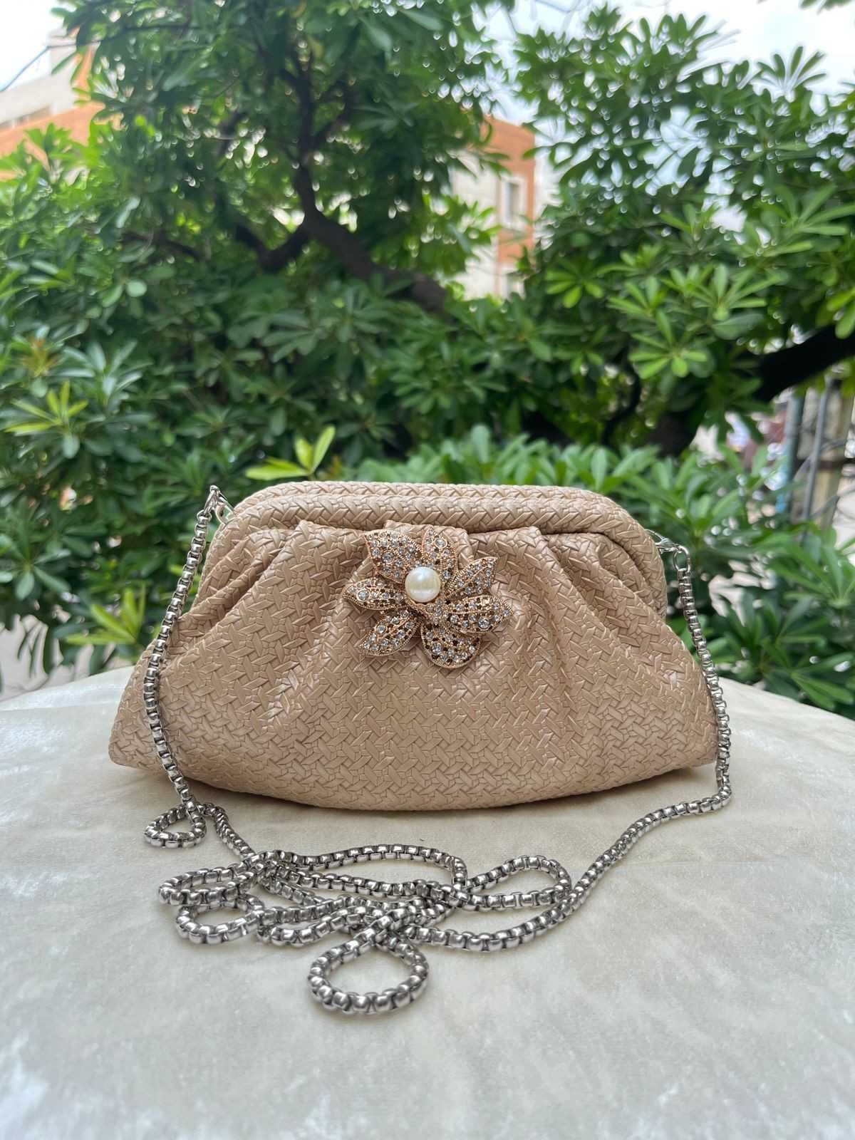 Ruche Pouch Clutch Bag with Pearl Floral Brooch & Chain Strap for Women