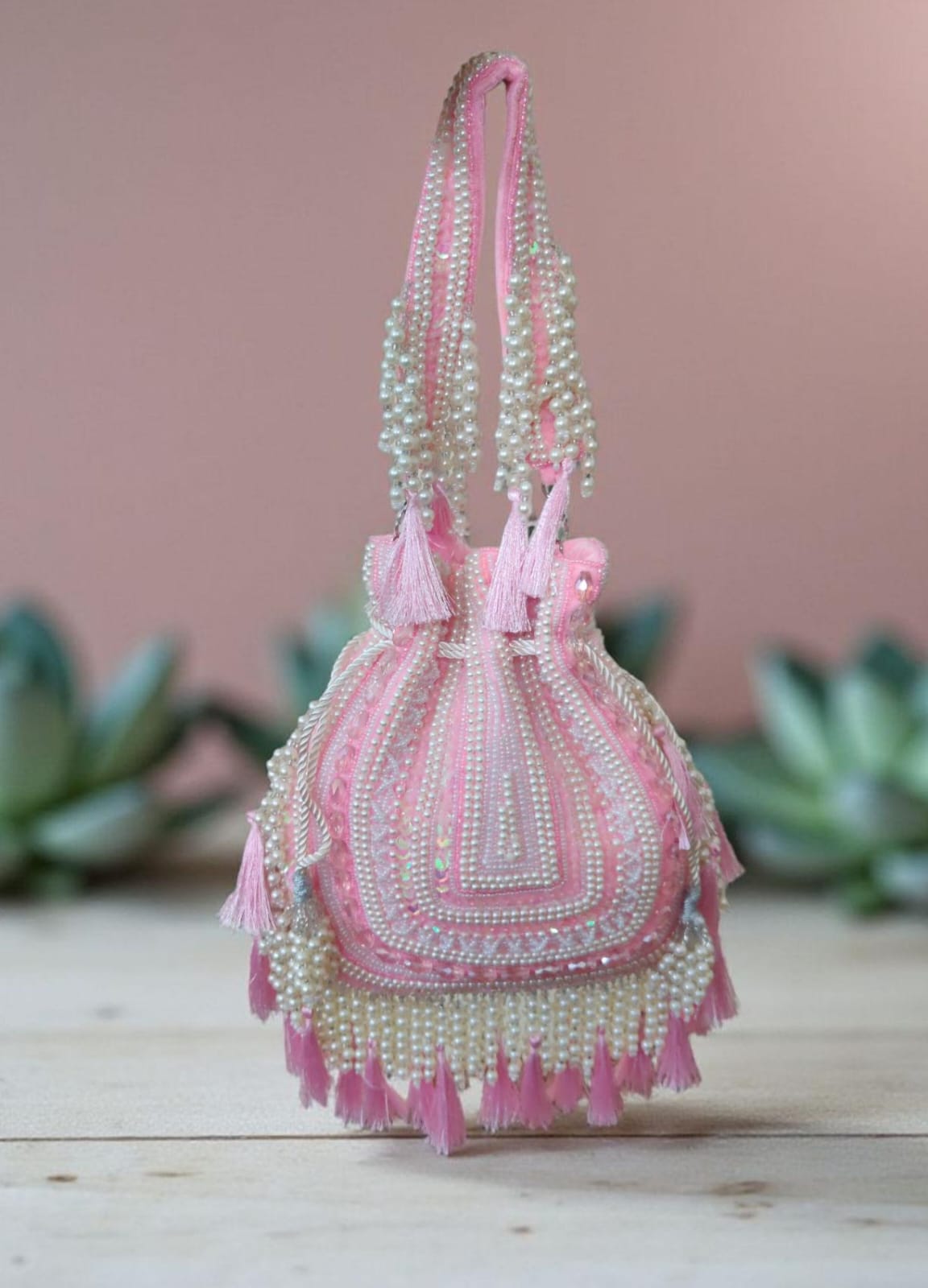 Pink Bead Tassel Potli Bag for Evening Party
