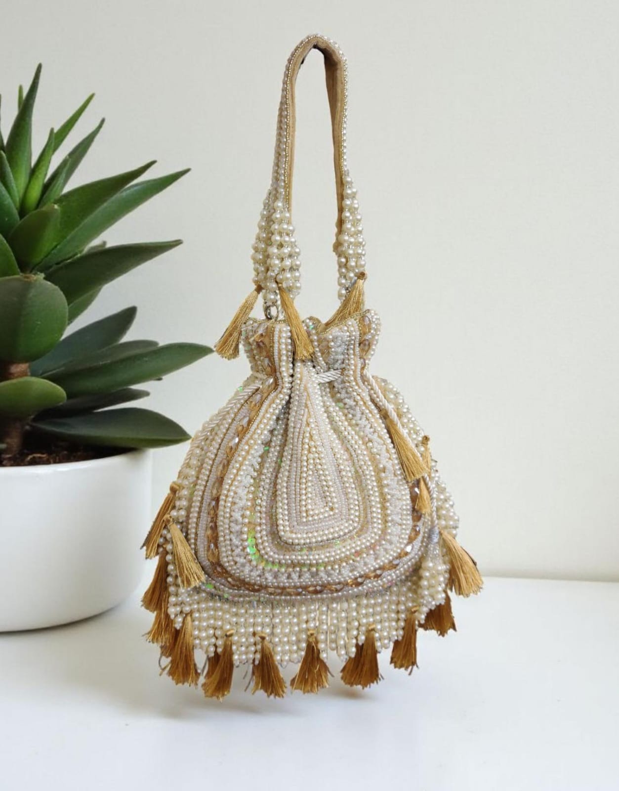 Golden Bead Tassel Potli Bag for Evening Party