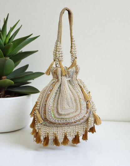 Golden Bead Tassel Potli Bag for Evening Party