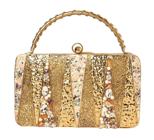 Brass Embellished Mother of Pearl Party Clutch Bag for Women