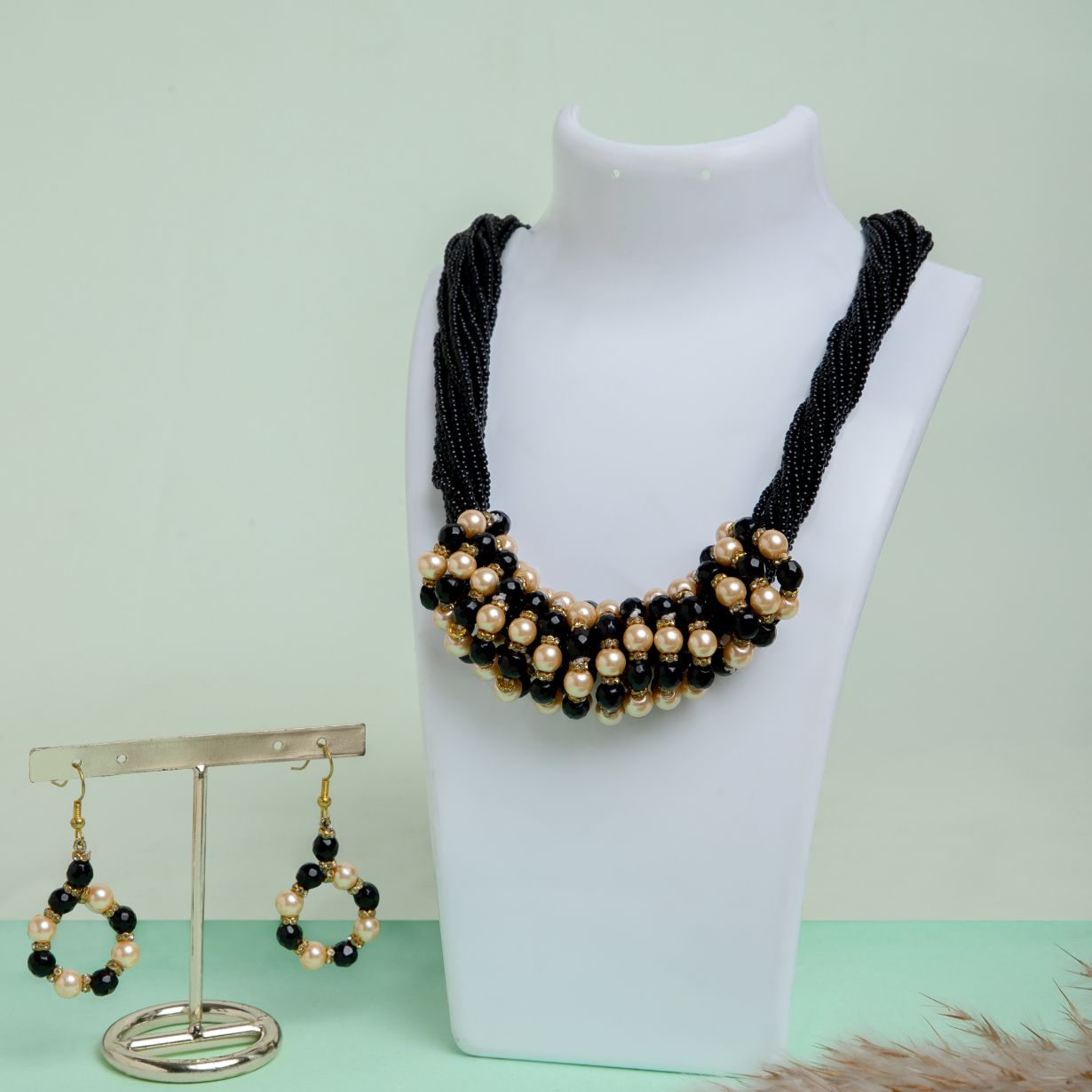 Black and Gold Beaded Necklace and Earrings Set