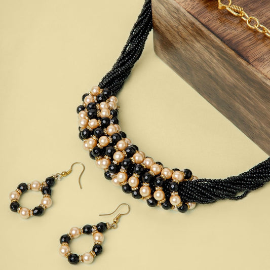 Black and Gold Beaded Necklace and Earrings Set