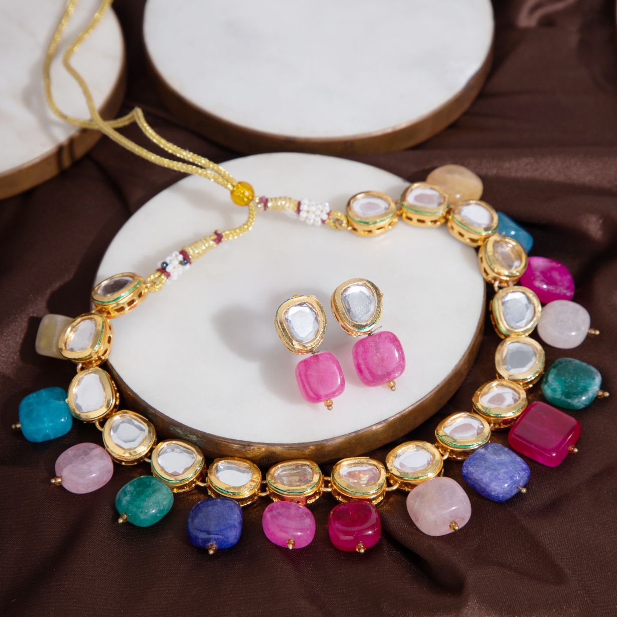 Multicolor Kundan Stone Necklace with Earring set for Party Wear