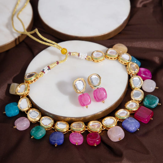 Multicolor Kundan Stone Necklace with Earring set for Party Wear