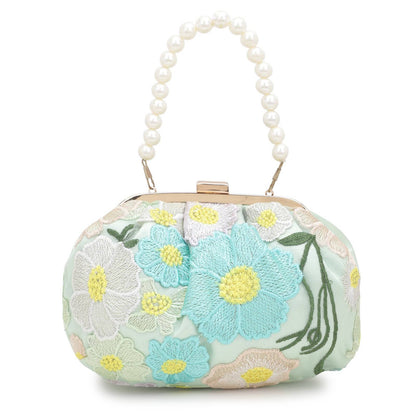 Pearl Handle Summer Floral Women Clutch Bag