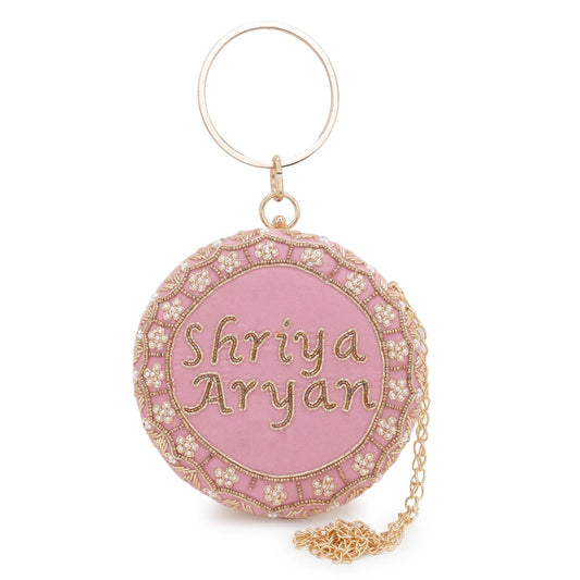 Customised Pink Name Embroidery Round Bridal Clutch Bag