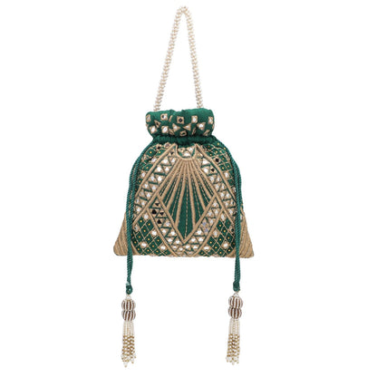 Designer Green Silk Embroidery Wedding Potli Bag