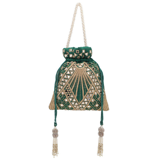 Designer Green Silk Embroidery Wedding Potli Bag