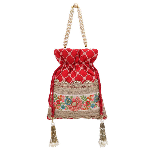 Designer Red Embroidery Party Festive Potli Bag