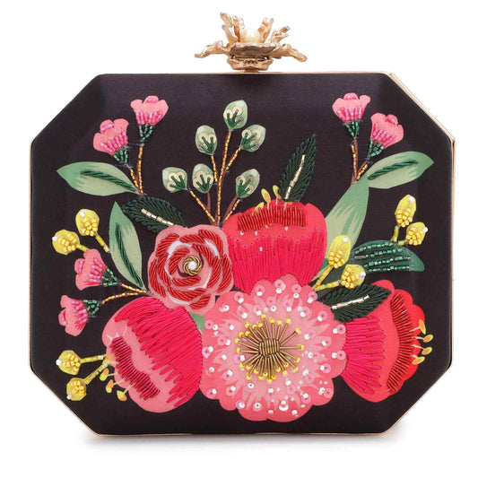 Printed Embroidery Party Black Clutch Bag for Women
