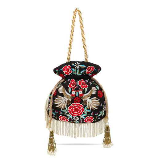 Black Embroidered Silk Tassel Party Potli for Women