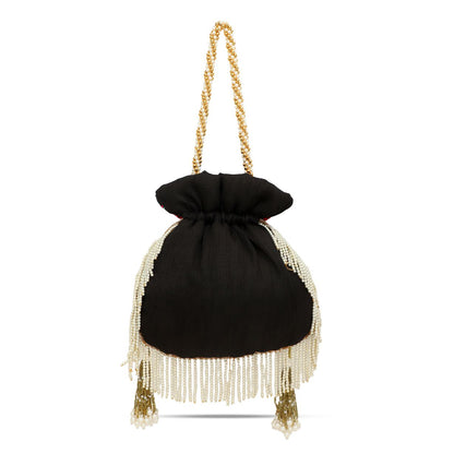 Black Embroidered Silk Tassel Party Potli for Women