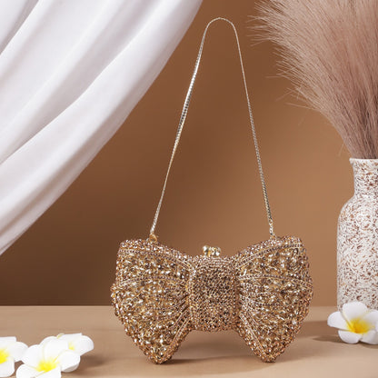 Golden Bow Crystal Rhinestone Party Clutch Bag1